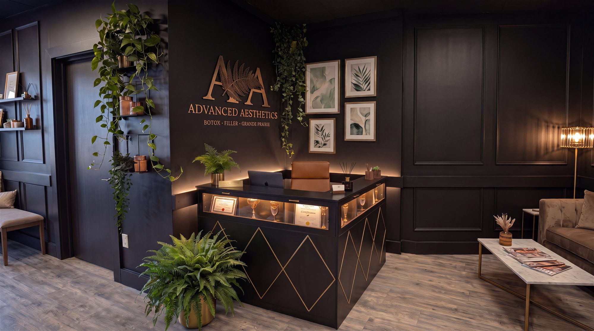 The reception at Advanced Aesthetics in Grande Prairie, black panelled walls with the gold fern logo and a warm-lit welcome desk