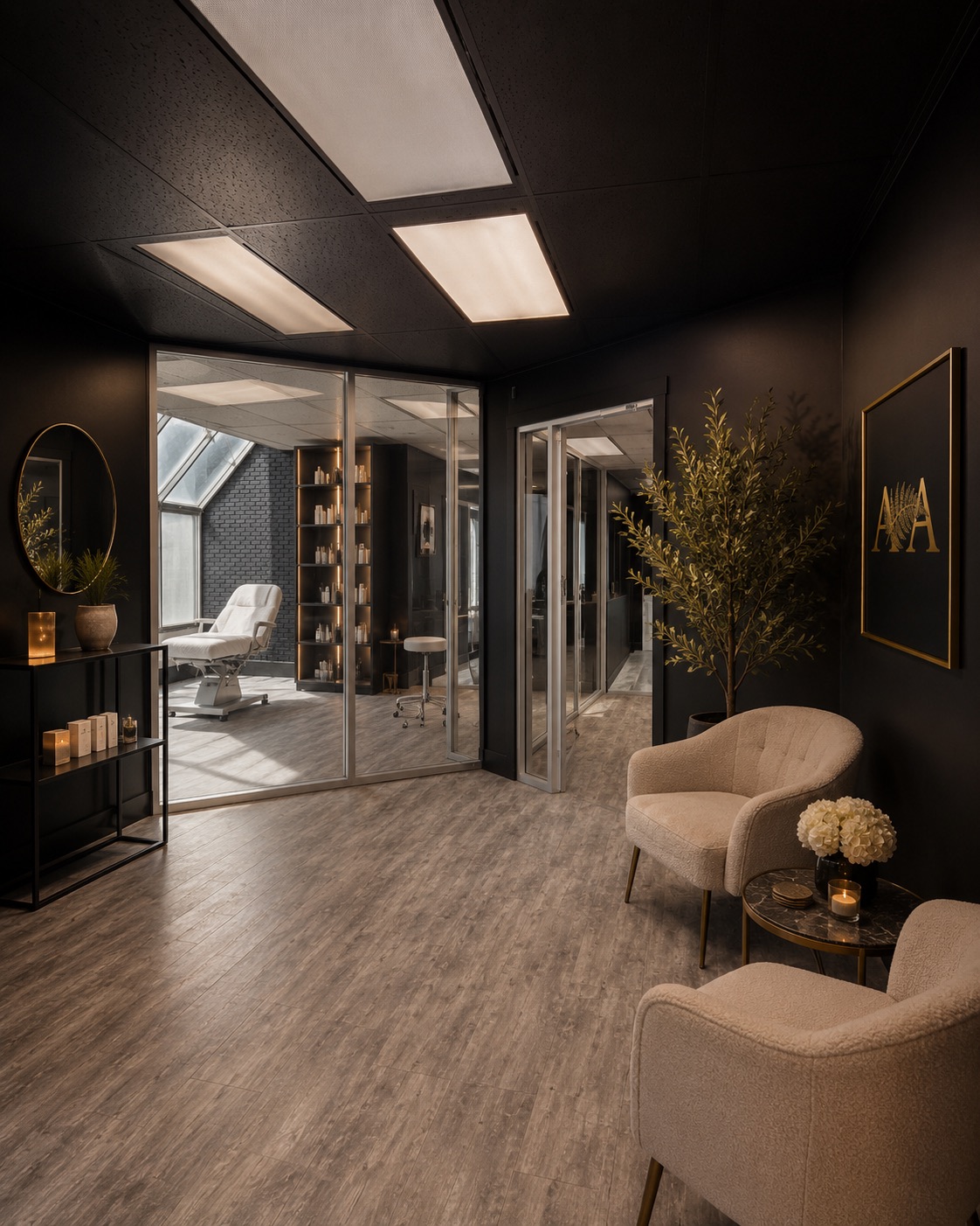 The Advanced Aesthetics studio lounge, warm and calm, ready to welcome you