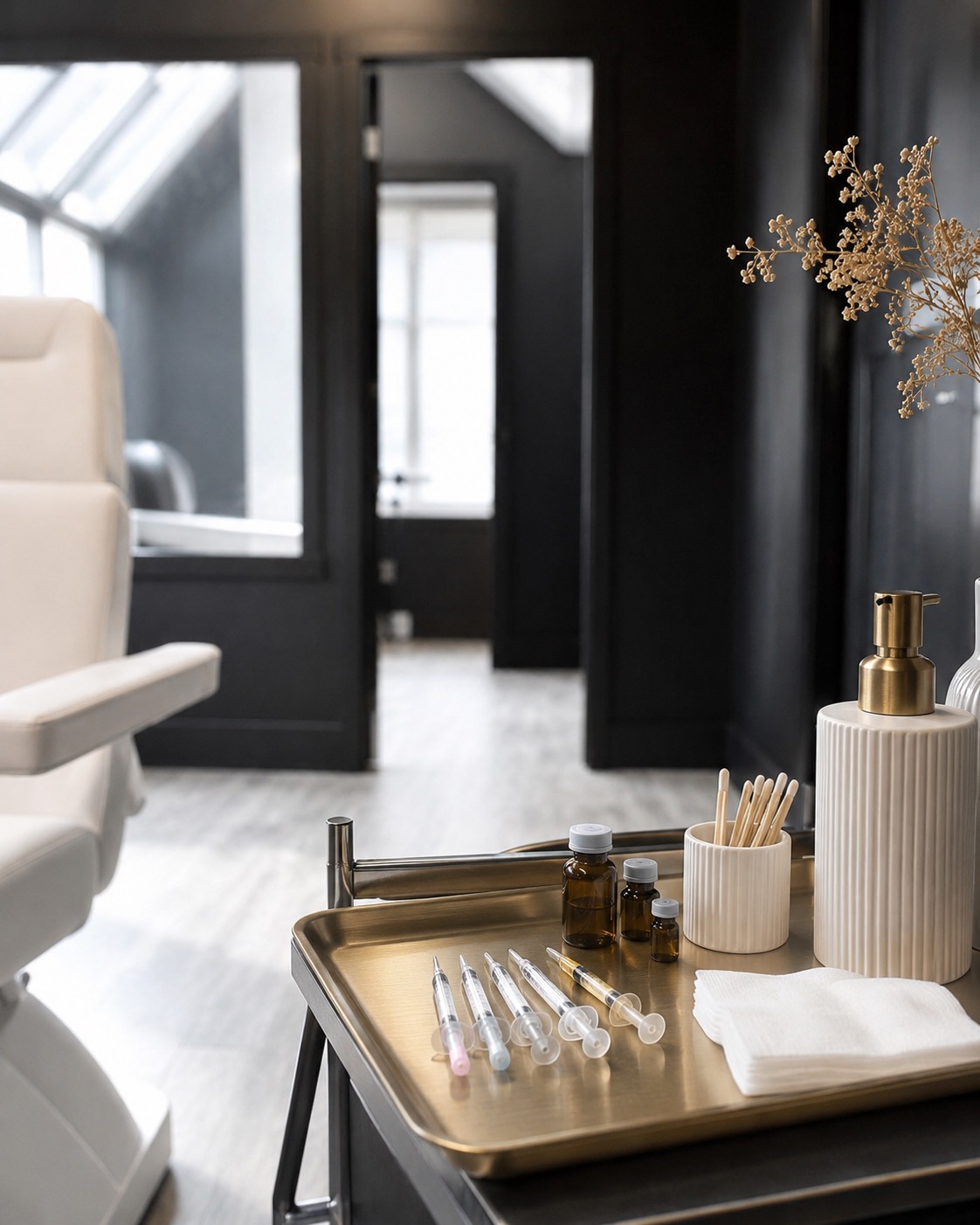 The treatment room, a gold tray set with syringes and product