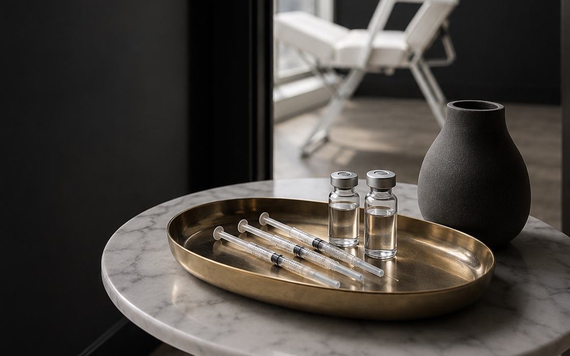 A brass tray of prepared syringes on a marble table in the studio