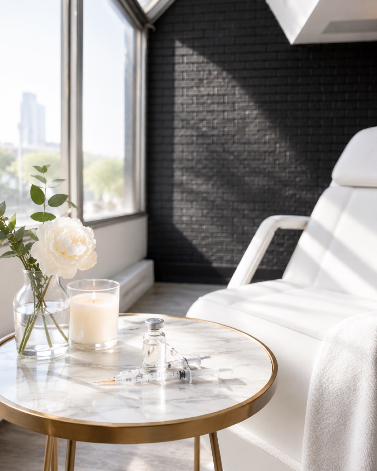 A calm treatment table set for a filler appointment, marble and brass