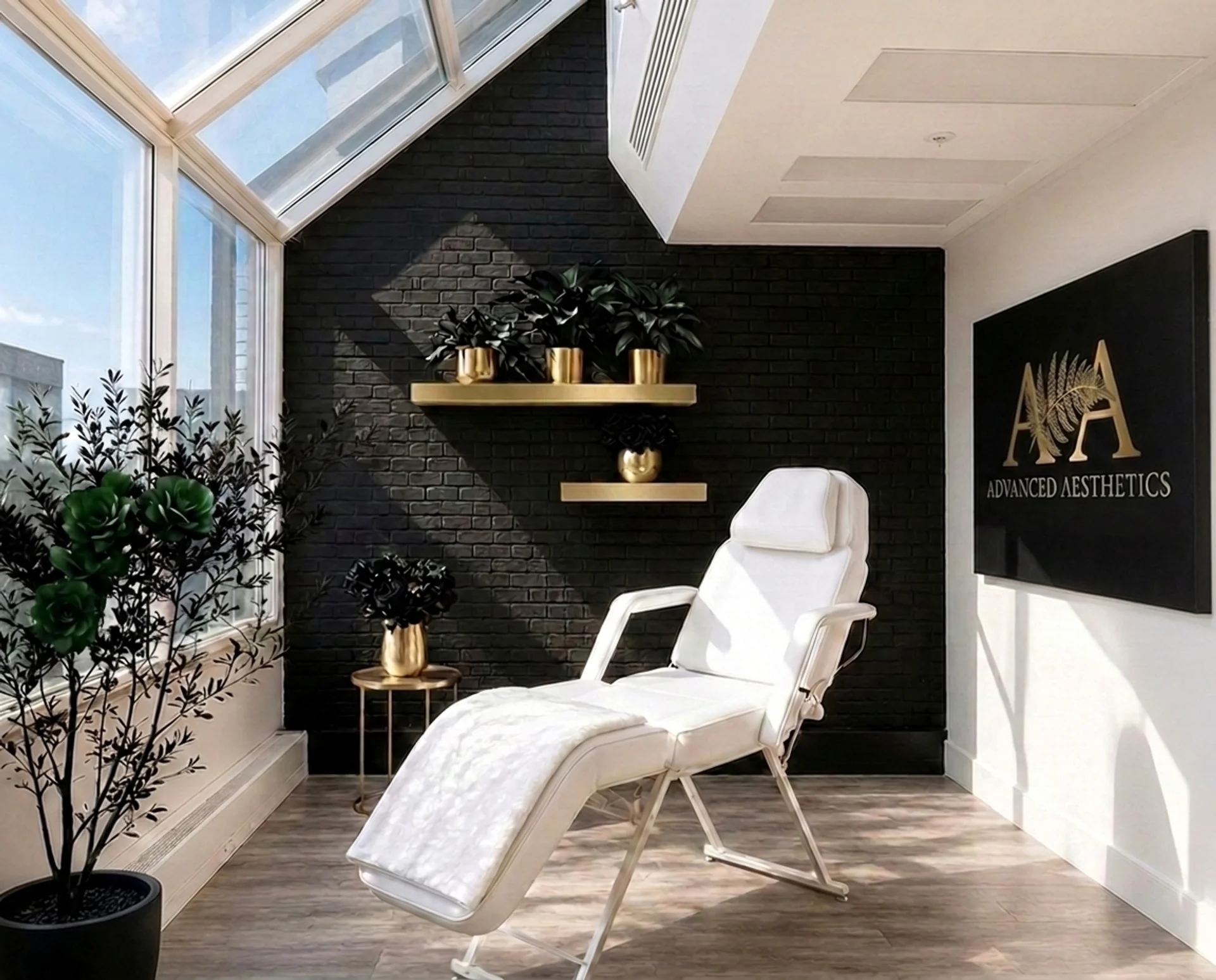 The Advanced Aesthetics studio, black brick wall, gold shelves and the fern logo