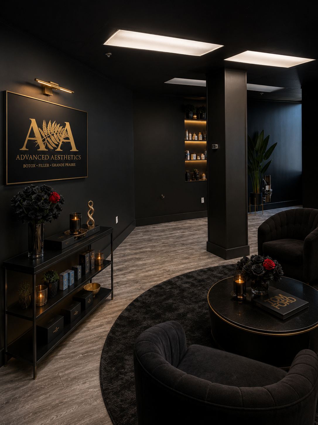 The Advanced Aesthetics lounge, cream seating and warm light
